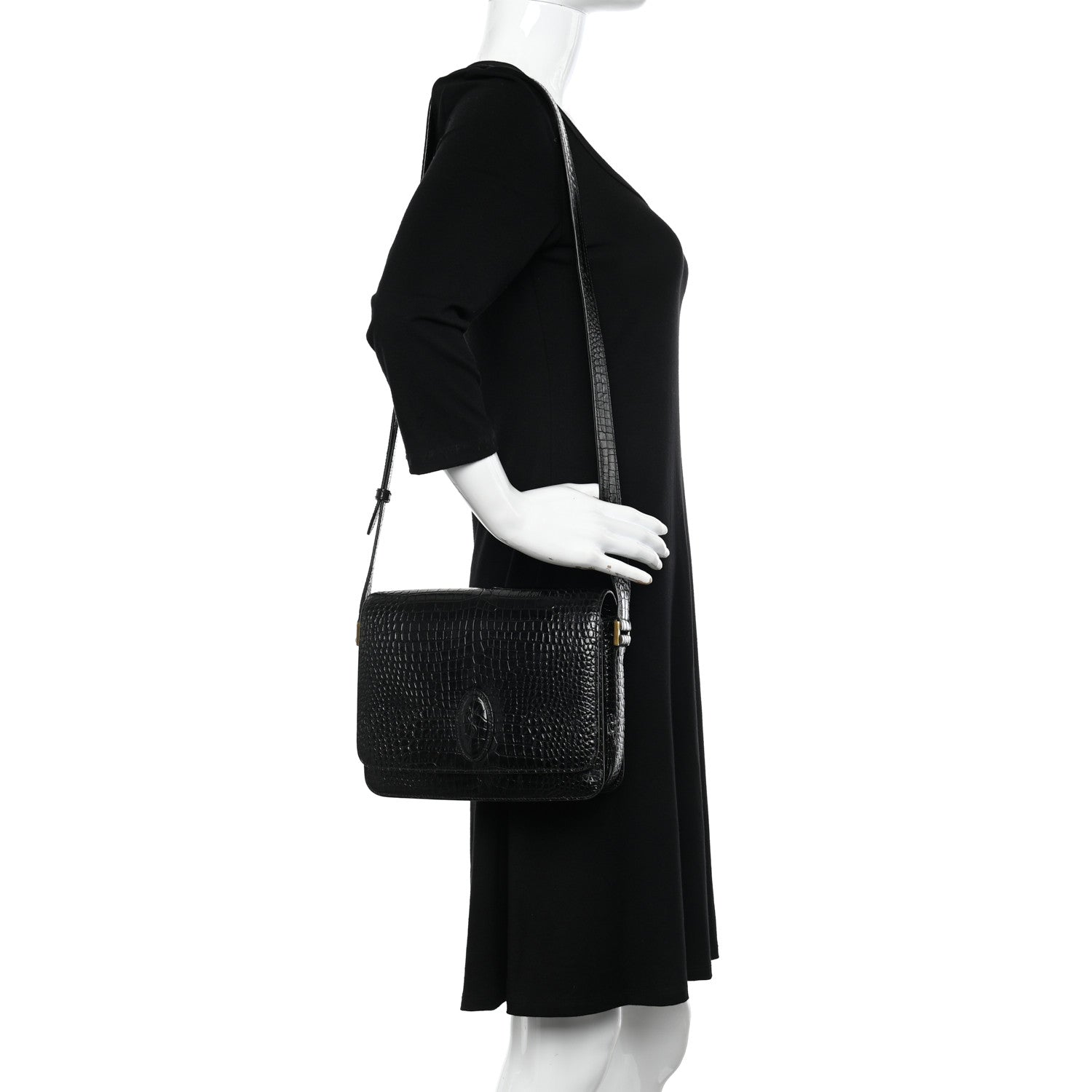 Saint Laurent Calfskin Crocodile Embossed New Besace Crossbody Bag Black 2 of 12