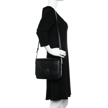 Saint Laurent Calfskin Crocodile Embossed New Besace Crossbody Bag Black 2 of 12