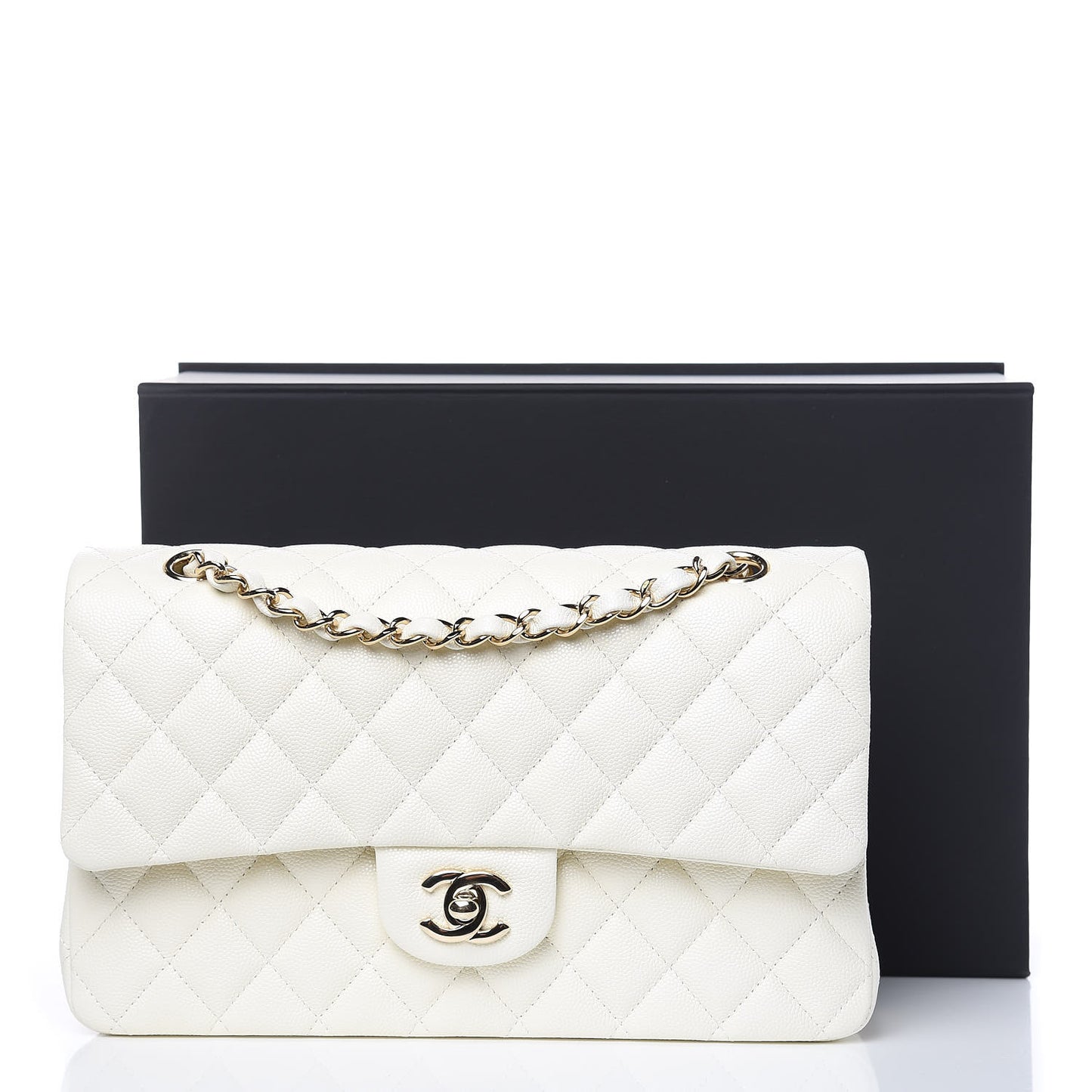 Caviar Quilted Medium Double Flap White
