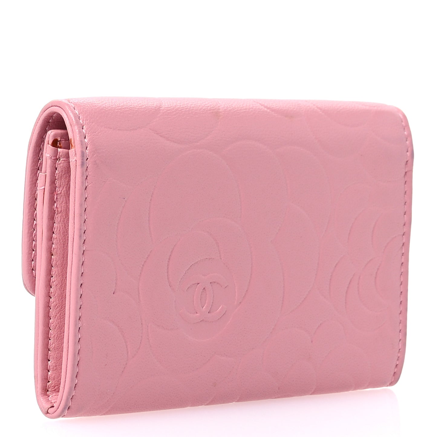 Lambskin Camellia Embossed Flap Card Holder Light Pink