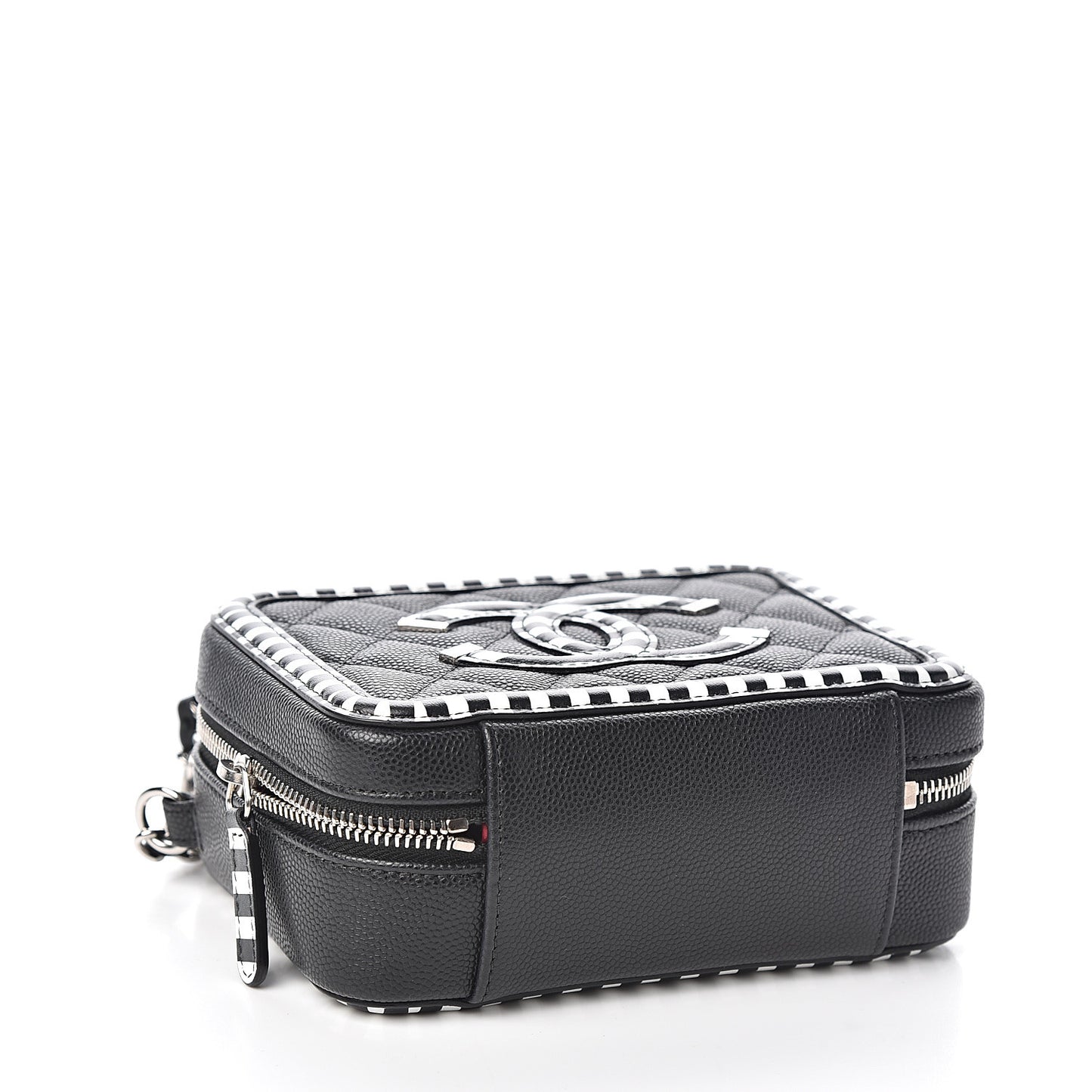Caviar Quilted Striped Filigree Vanity Clutch With Chain Black White
