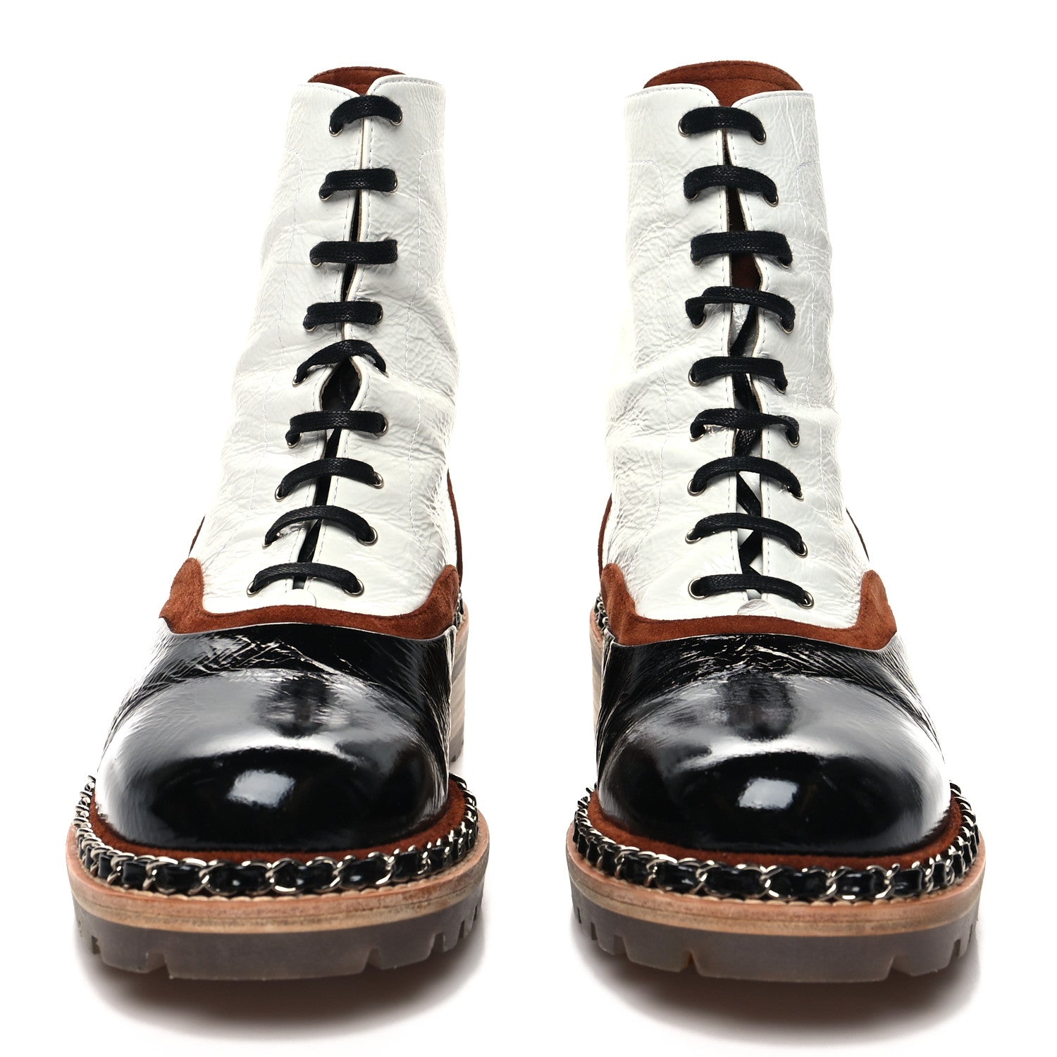 Chanel Patent Suede Lace Up Chain Boots 39 White Black 2 of 9