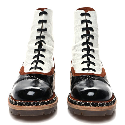Chanel Patent Suede Lace Up Chain Boots 39 White Black 2 of 9