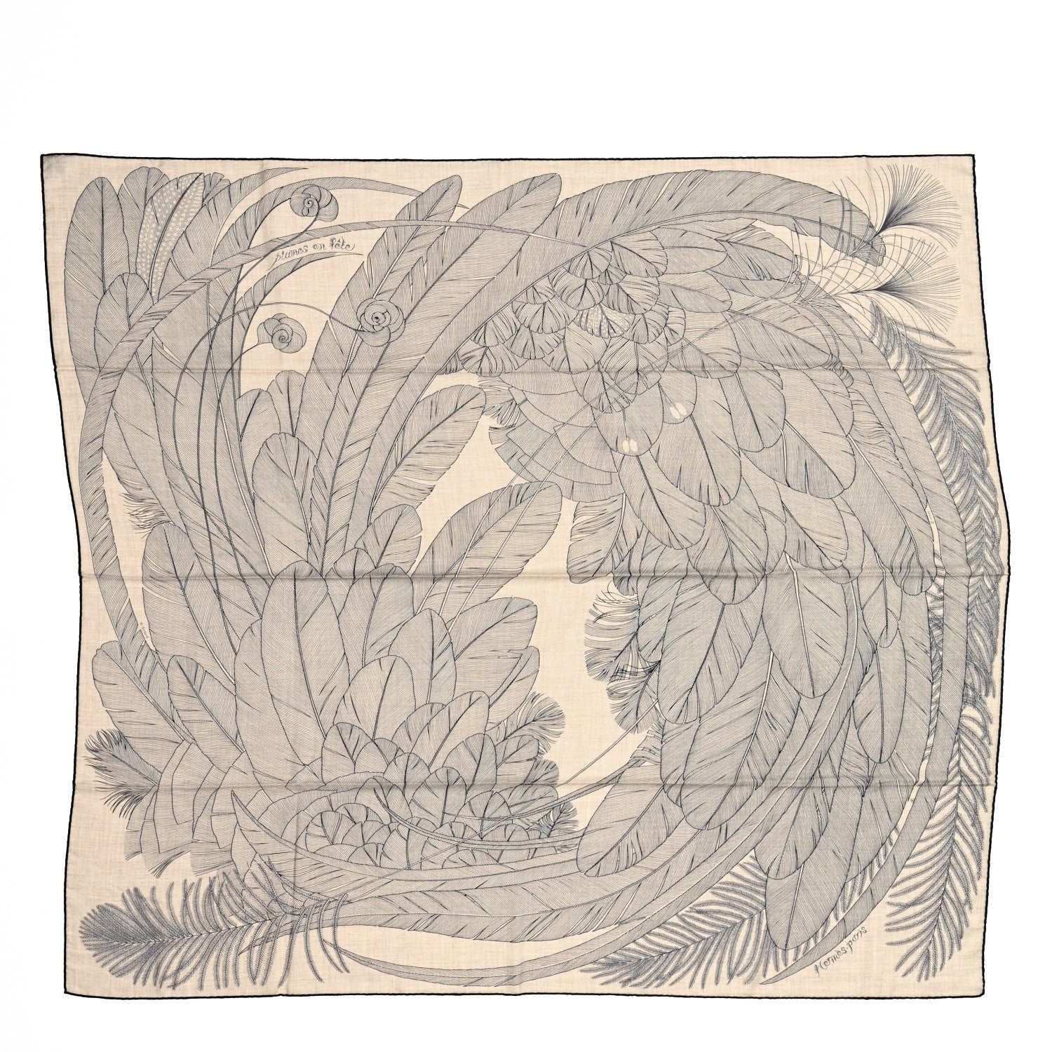 Hermes Cashmere Silk Plumes En Fete Shawl 140 Naturel Black 1 of 5