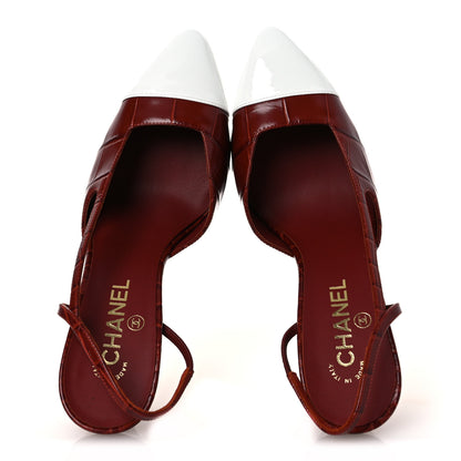 Chanel Patent Calfskin Crocodile Embossed Cap Toe CC Slingback Pumps 39 Dark Red White 2 of 11