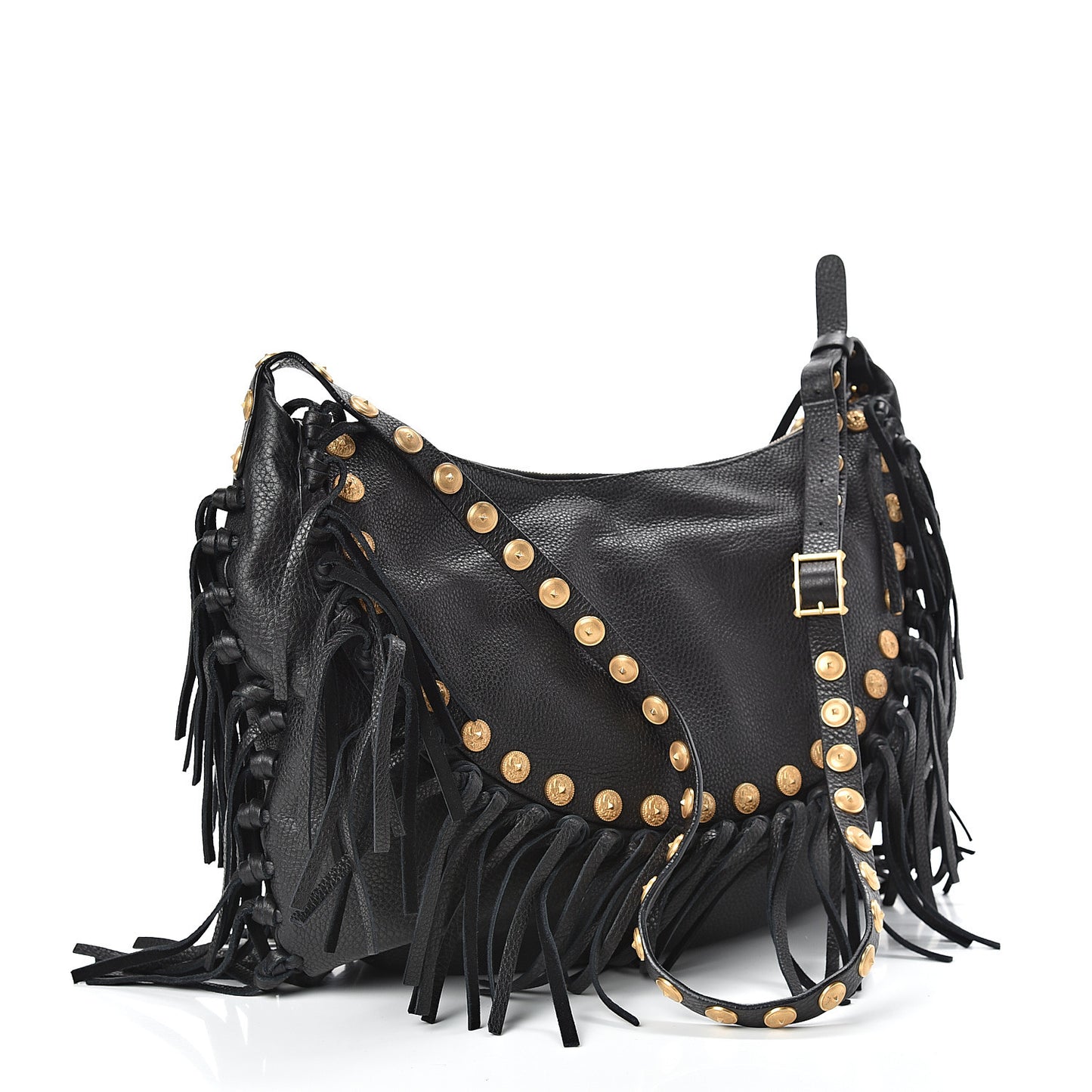 Grained Calfskin C-Rockee Fringe Hobo Black