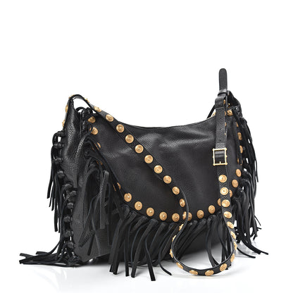 Valentino Garavani Grained Calfskin C-Rockee Fringe Hobo Black 2 of 10