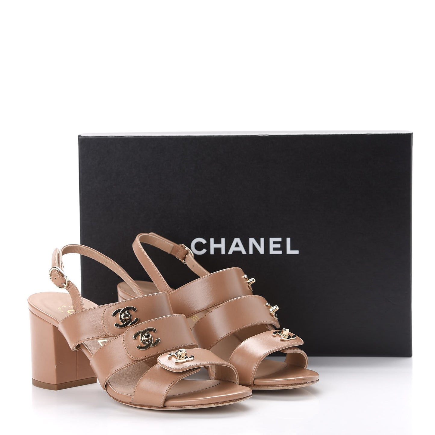 Calfskin CC Turnlock Sandals 37.5 Beige