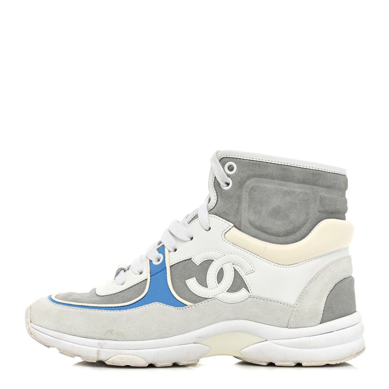 Chanel Suede Calfskin Lambskin High Top CC Sneakers 37 White Blue 1 of 14