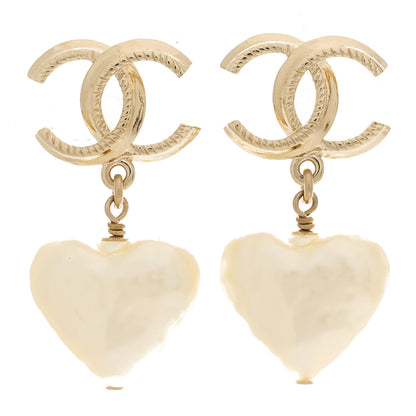 Chanel Pearl CC Heart Drop Earrings Gold 1 of 5