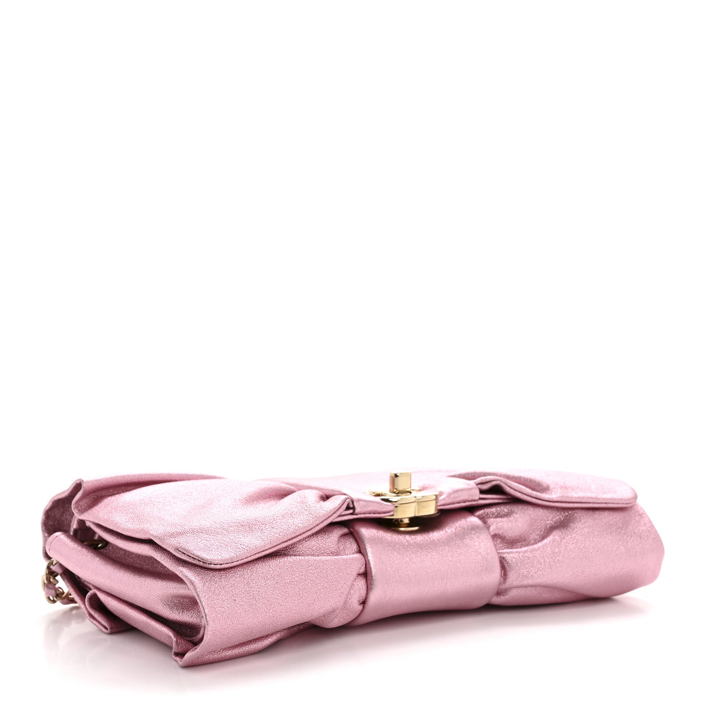 Metallic Lambskin Tie My Bow Flap Clutch With Chain Pink