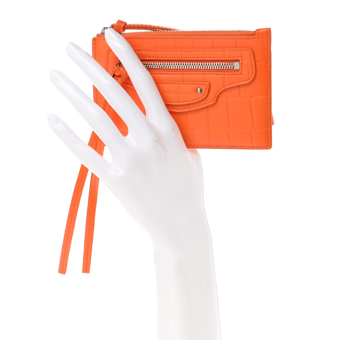 Semi Shiny Calfskin Crocodile Embossed Neo Classic Silver Hardware Long Coin Case Card Holder Orange