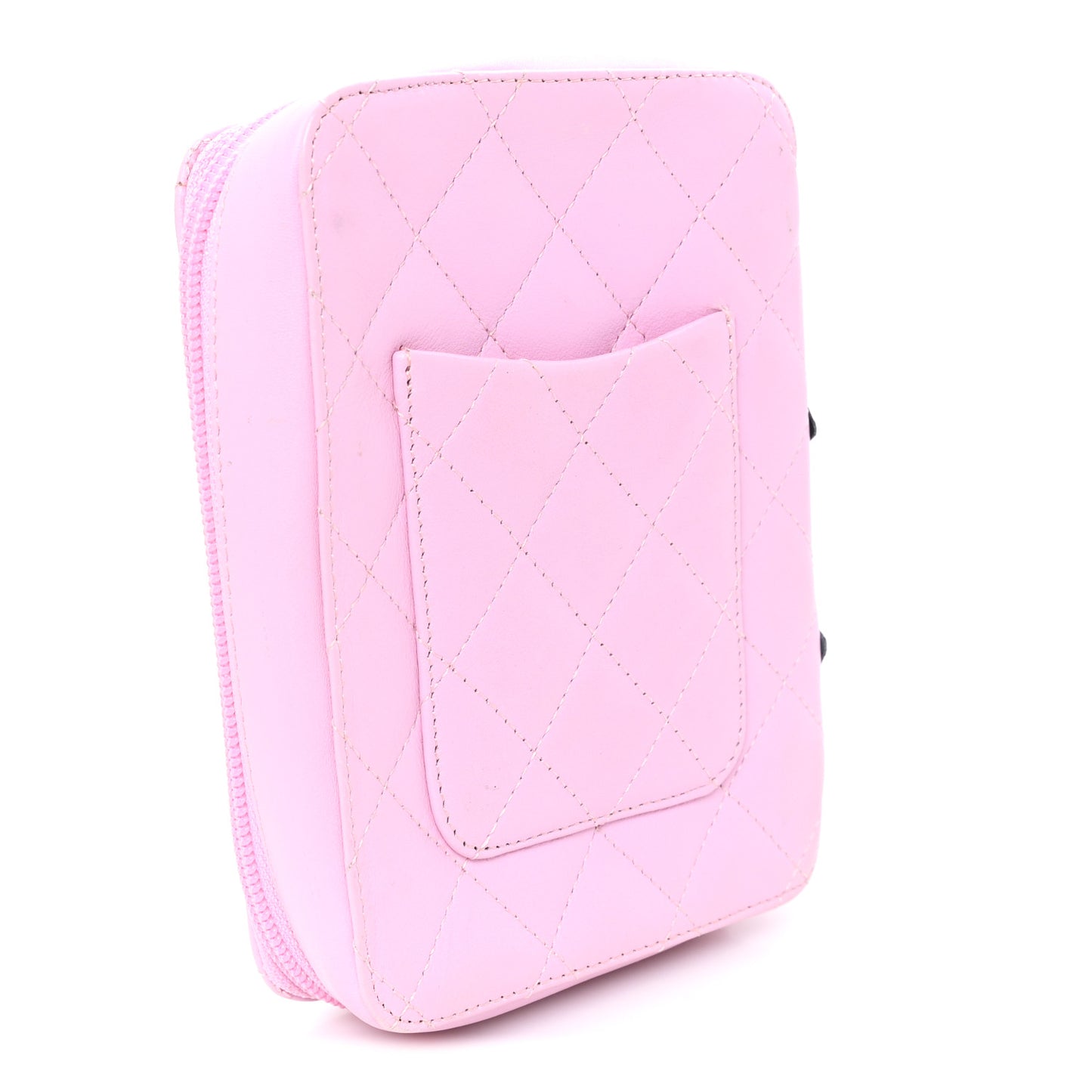 Calfskin Quilted Cambon Zip Around Makeup Pouch Pink Black