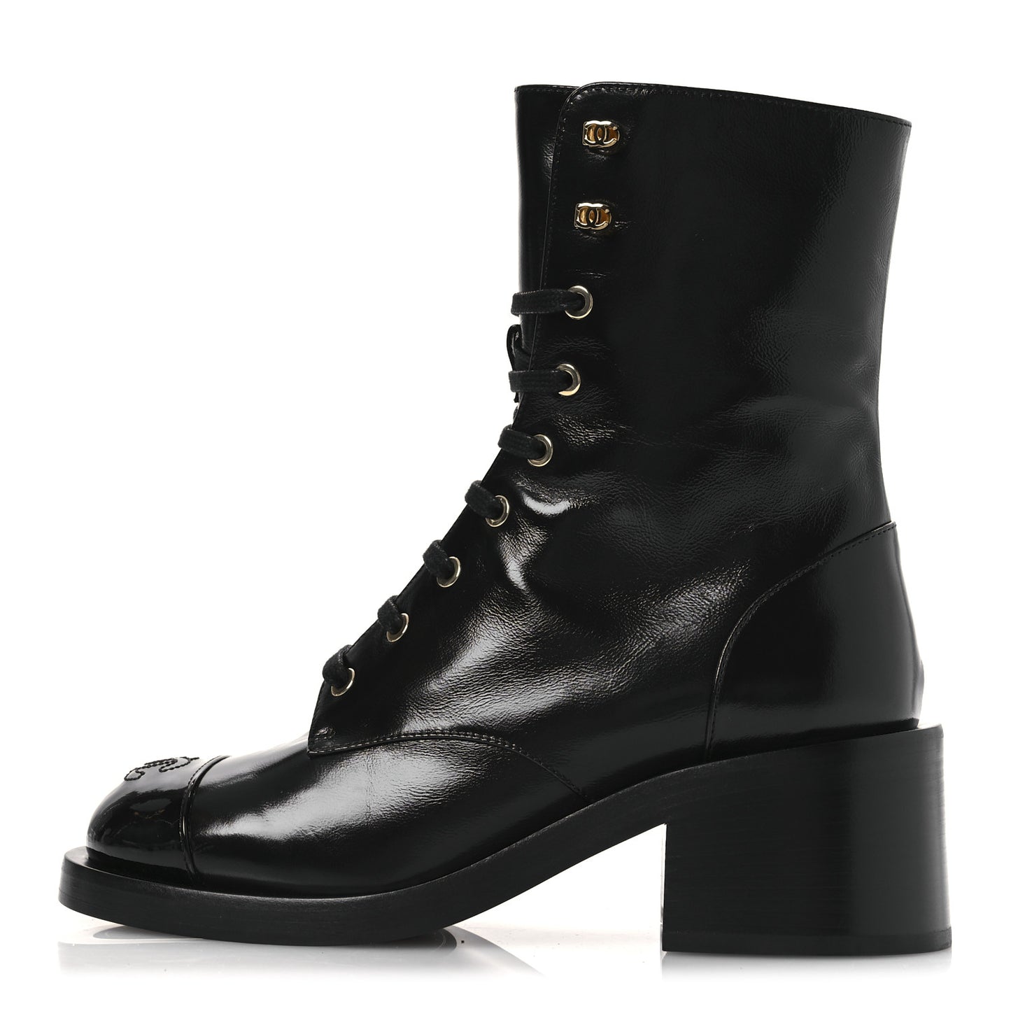 Shiny Calfskin Patent Cap Toe Lace Up Combat Boots 38 Black