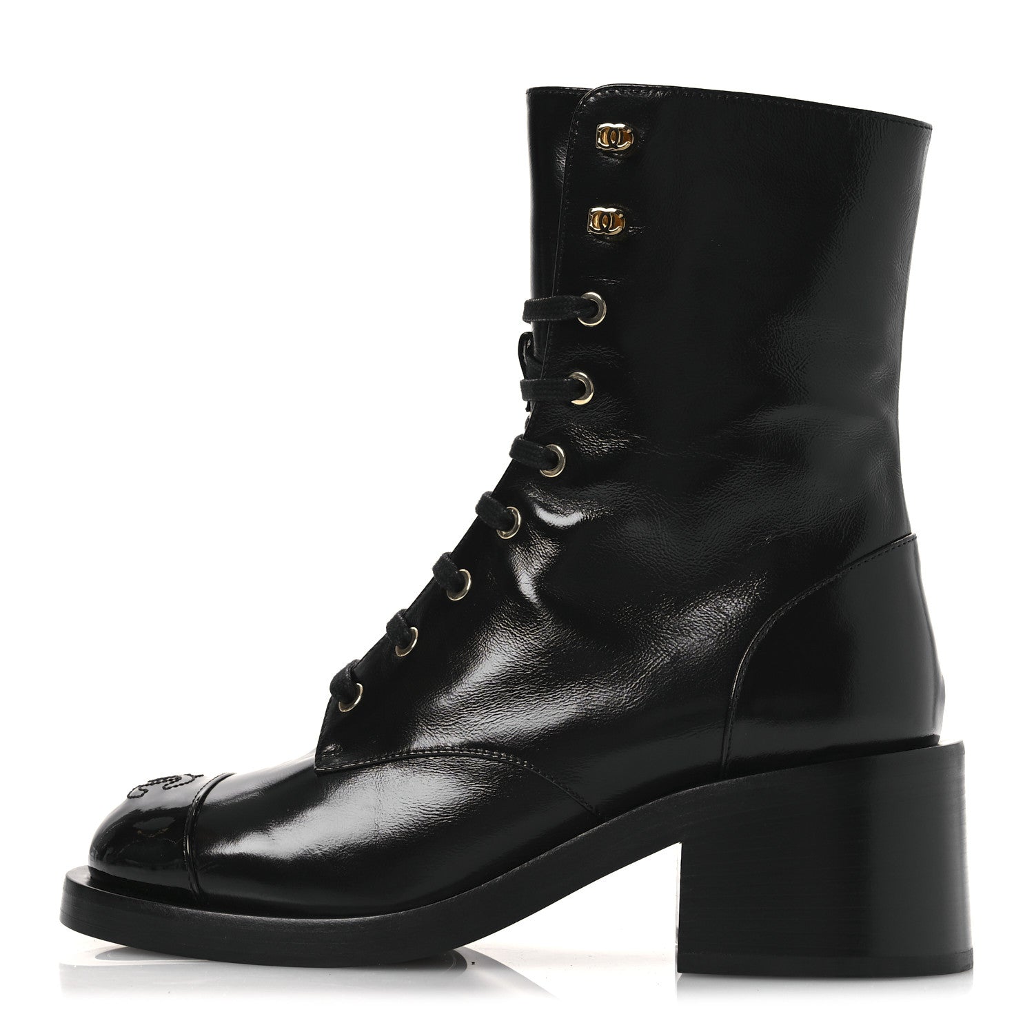 Chanel Shiny Calfskin Patent Cap Toe Lace Up Combat Boots 38 Black 1 of 12