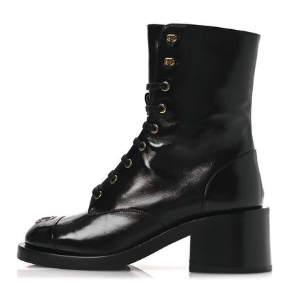 Chanel Shiny Calfskin Patent Cap Toe Lace Up Combat Boots 38 Black 1 of 12