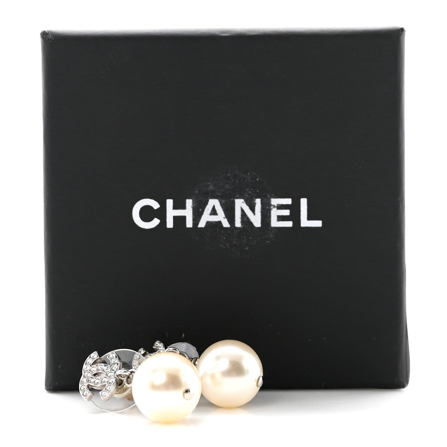 Chanel Crystal Pearl CC Drop Earrings Silver Pearly White 5 of 5