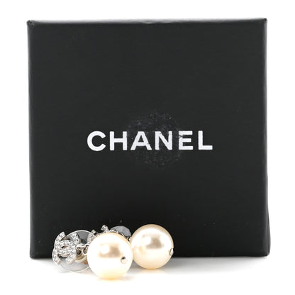 Chanel Crystal Pearl CC Drop Earrings Silver Pearly White 5 of 5