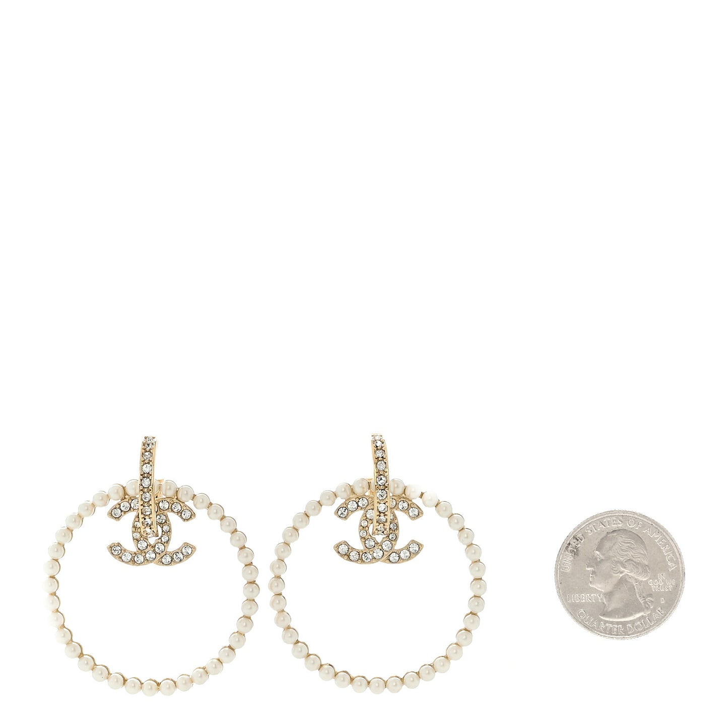 Crystal Pearl CC Door Knocker Hoop Earrings Gold Pearly White