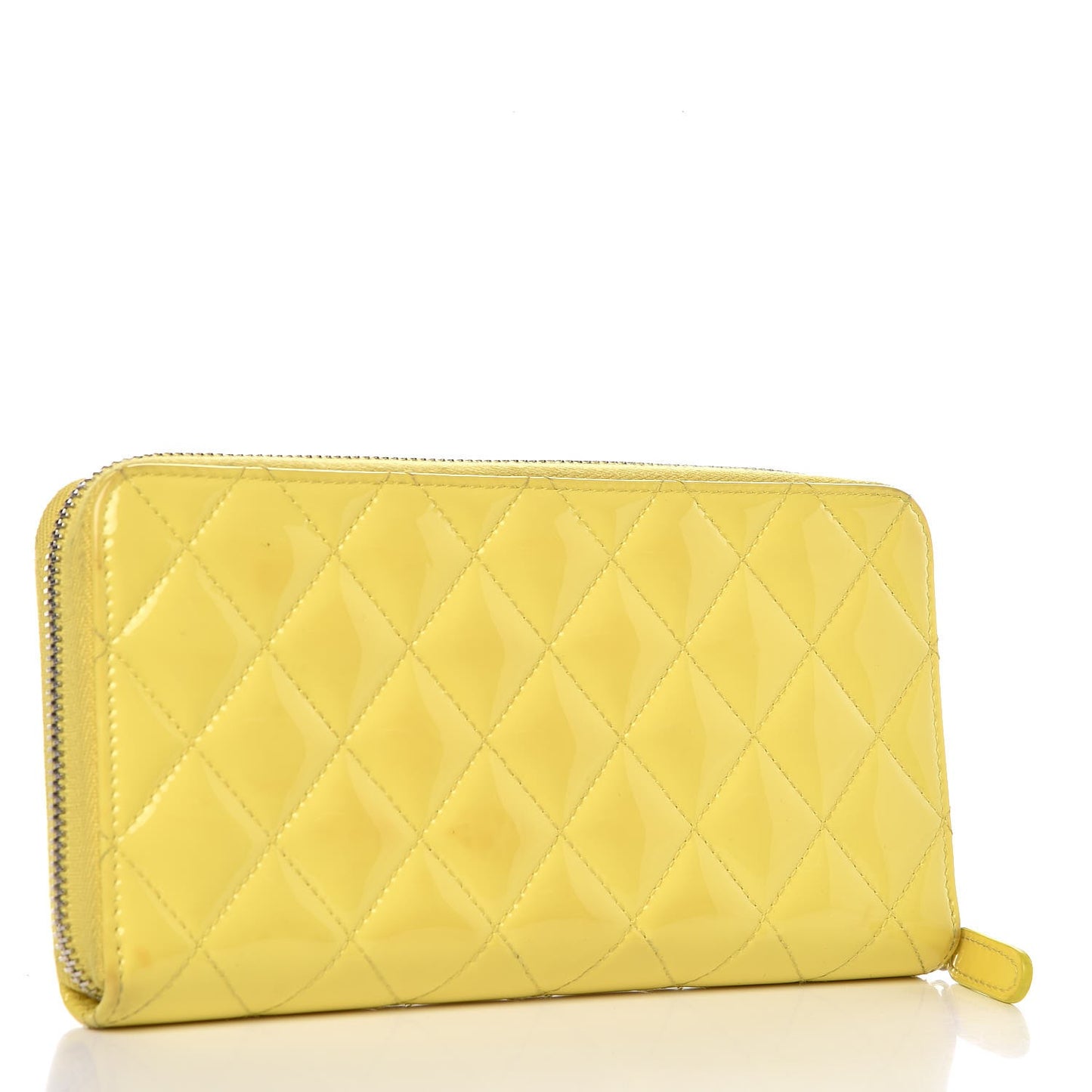 Patent Calfskin Quilted Large Gusset Zip Around Wallet Yellow