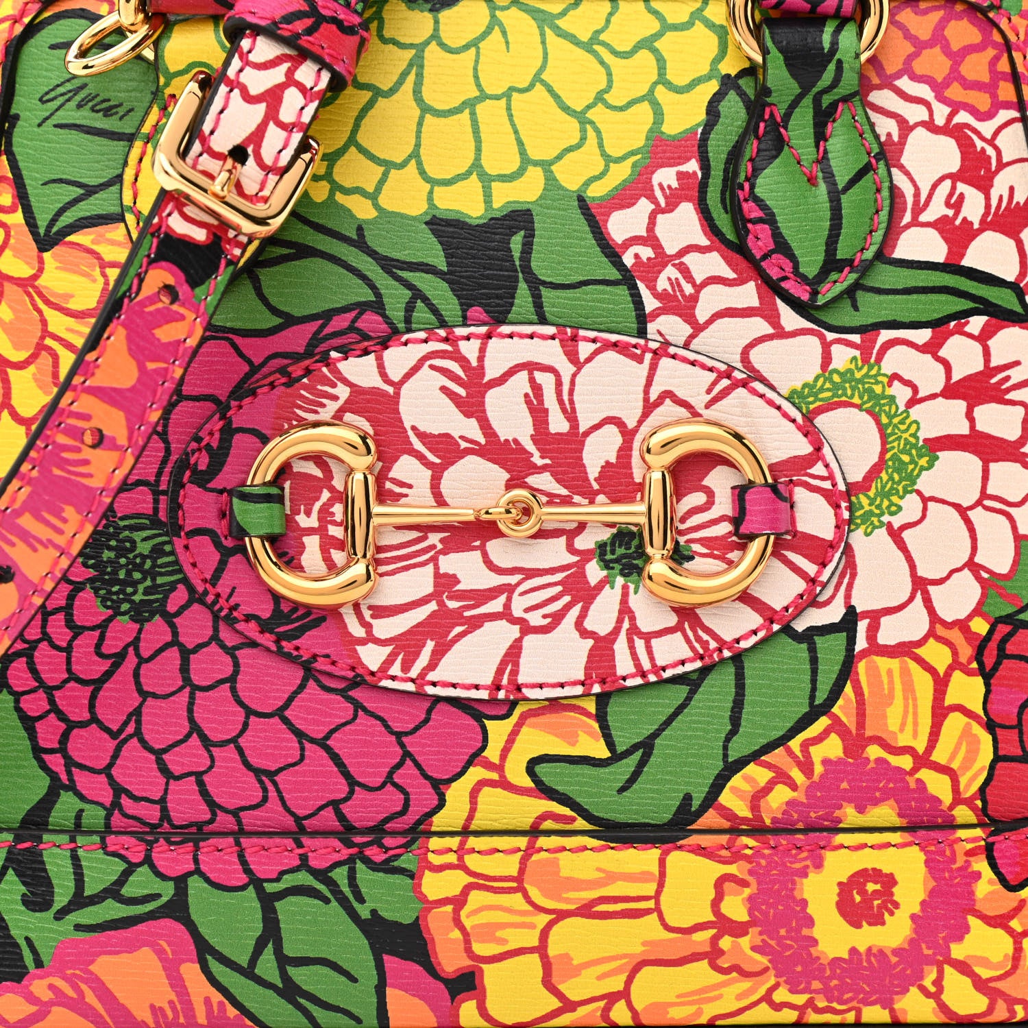 Gucci X KEN SCOTT Textured Calfskin Pomponica Print Mini Horsebit 1955 Top Handle Bag Multicolor Fuxia Pompom 8 of 10