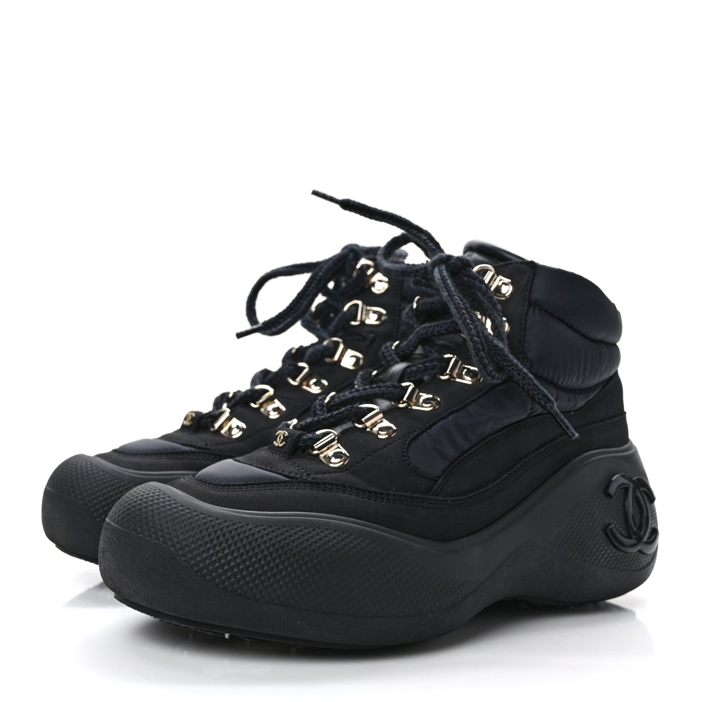 Calfskin Nylon CC Lace Up Ankle Snow Boots 36.5 Black