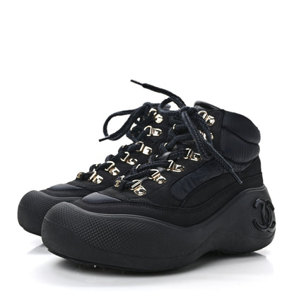 Chanel Calfskin Nylon CC Lace Up Ankle Snow Boots 36.5 Black 3 of 9