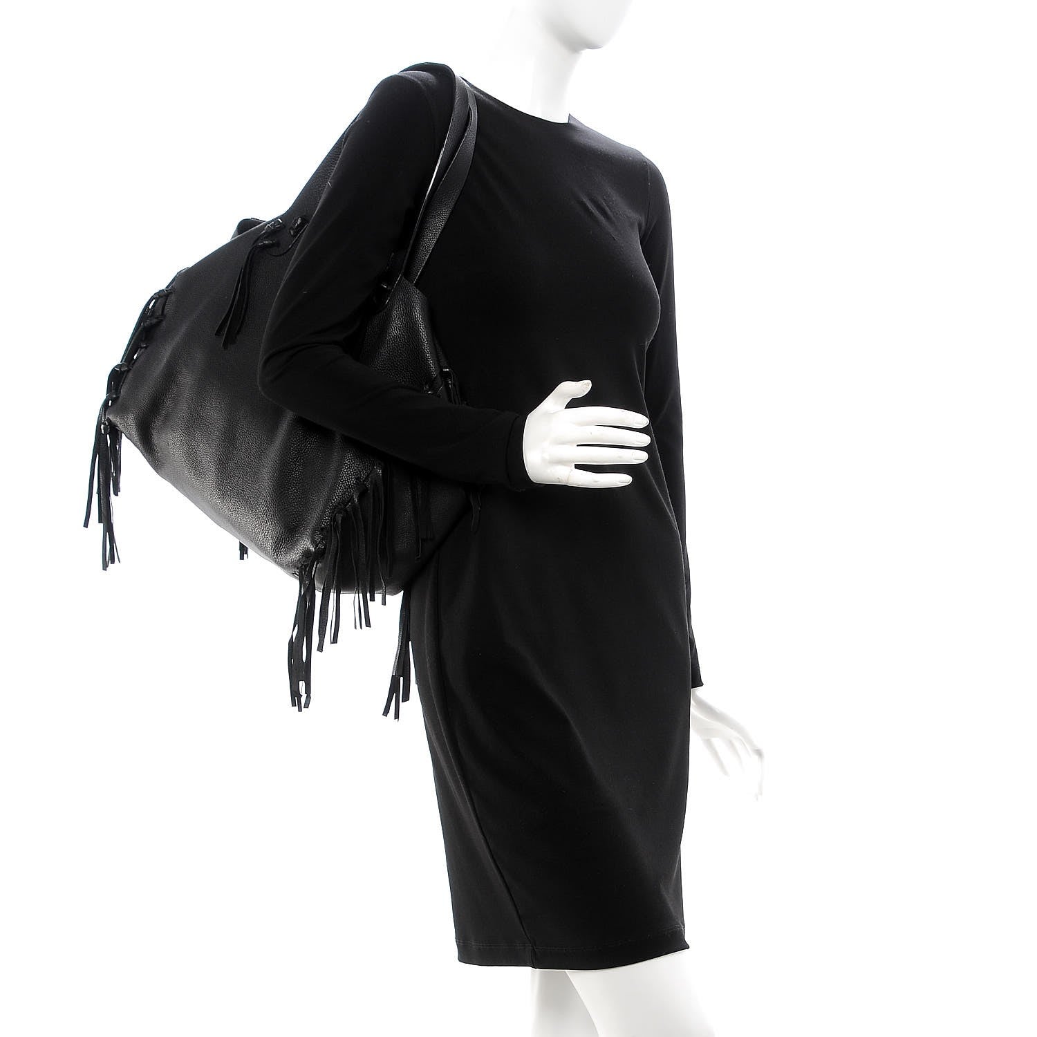 Valentino Garavani Grained Calfskin C-Rockee Fringe Tote Black 2 of 12