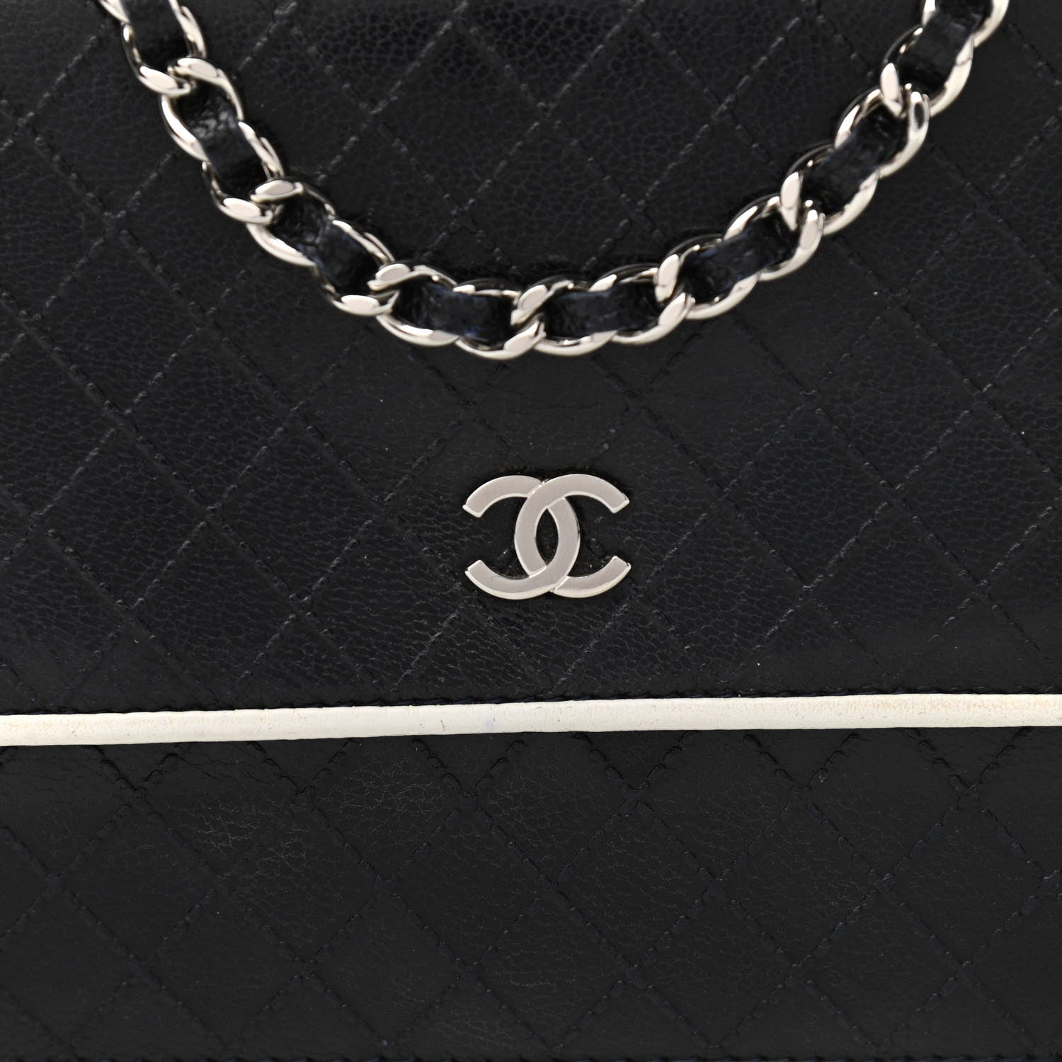 Chanel Grained Calfskin Diamond Stitched Wallet On Chain WOC Dark Navy White 9 of 14
