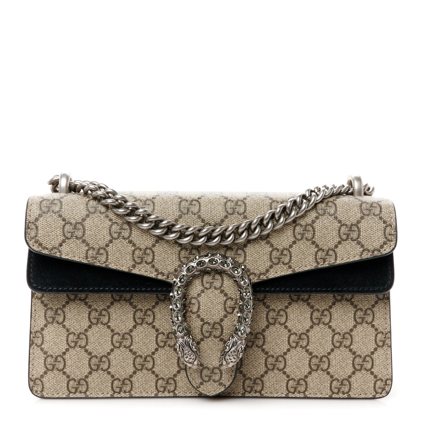 GG Supreme Monogram Suede Crystal Small Dionysus Shoulder Bag Beige Ebony Black
