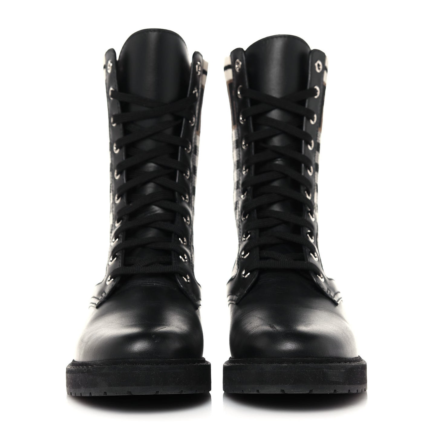 Vitello Stretch Fabric FF Vichy Rockoko Biker Boots 38.5 Black Crema Tobacco