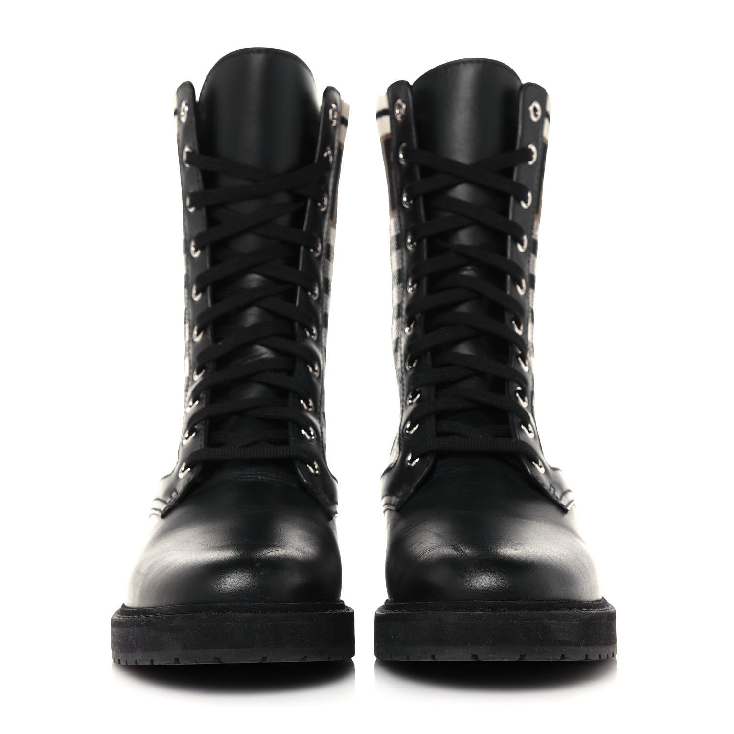 Fendi Vitello Stretch Fabric FF Vichy Rockoko Biker Boots 38.5 Black Crema Tobacco 2 of 9