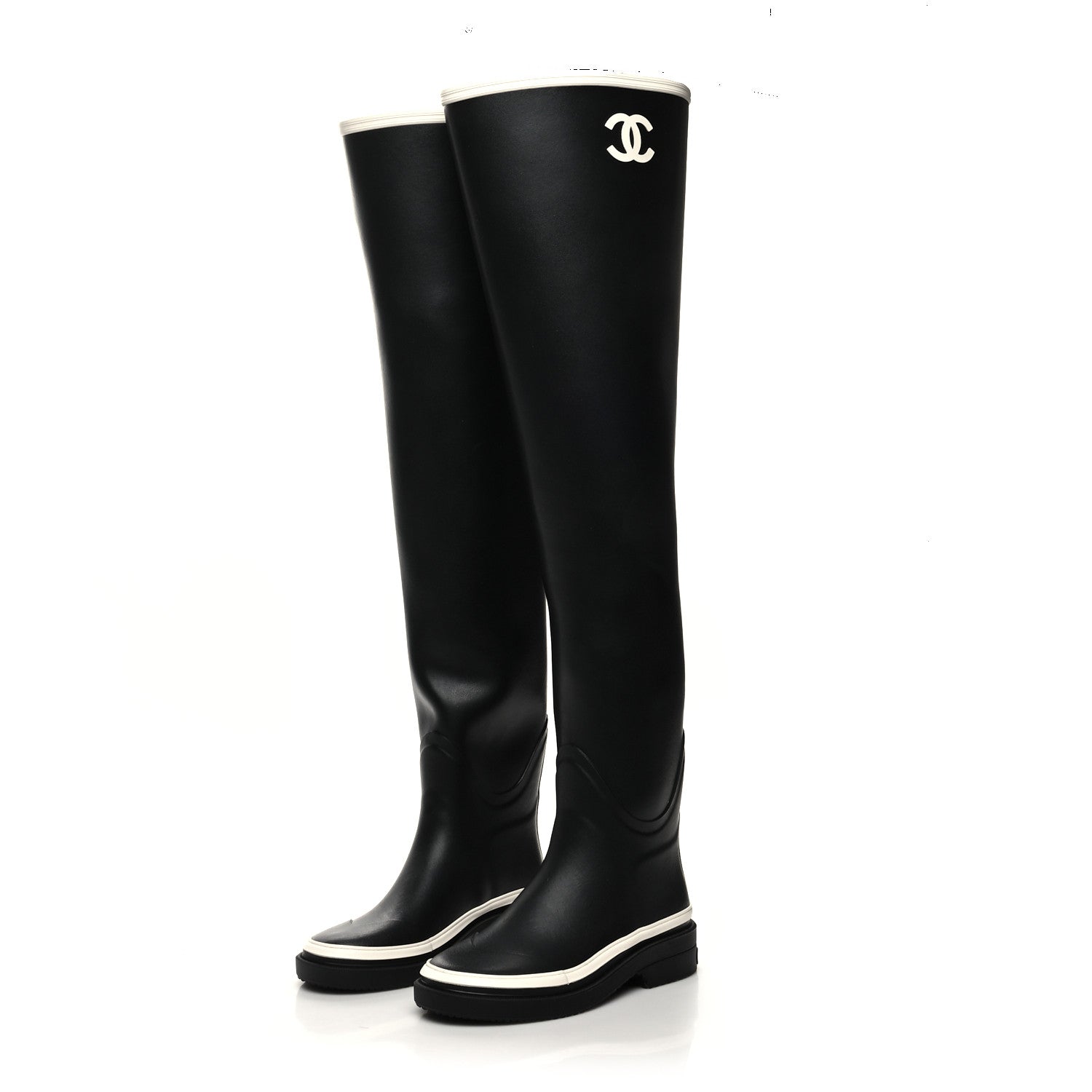 Chanel Caoutchouk CC Knee High Boots 37 Black White 3 of 7