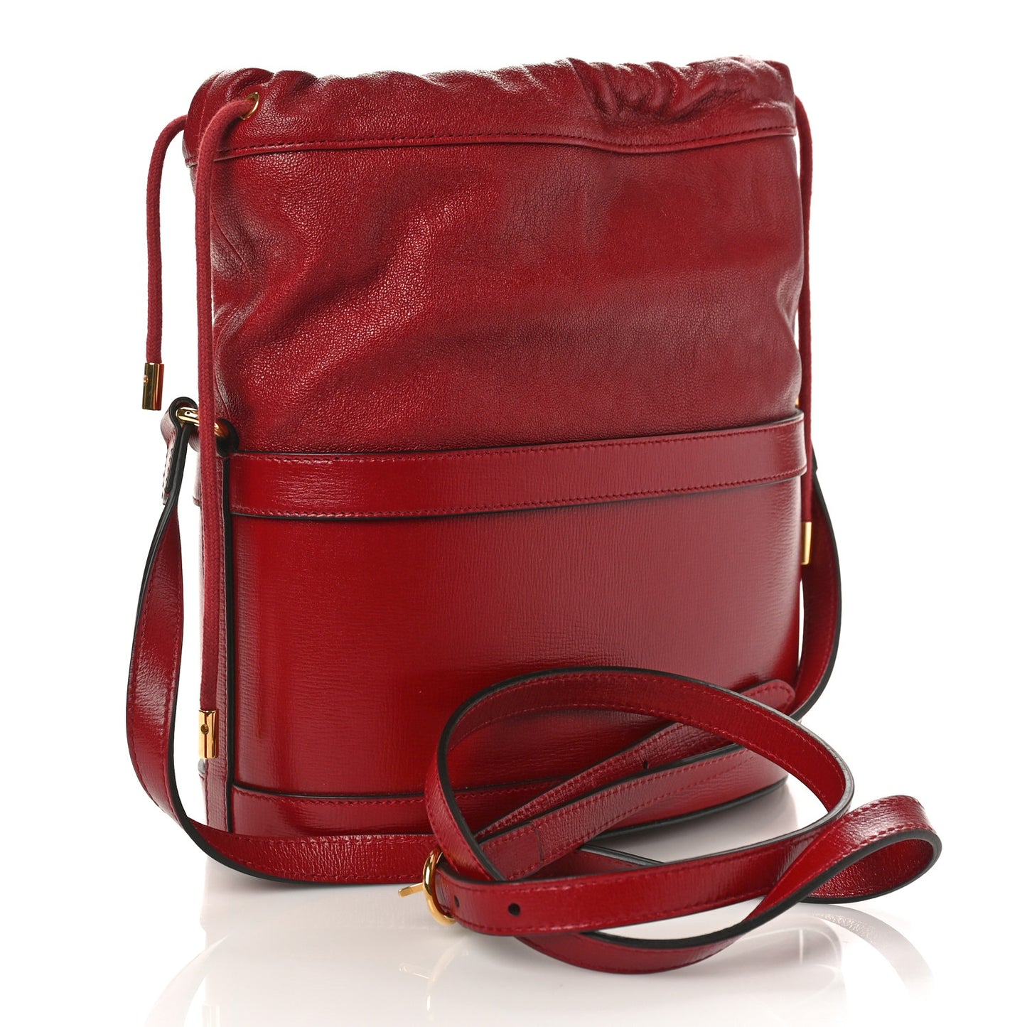 Azalea Sakai Calfskin Horsebit 1955 Drawstring Bucket Bag New Cherry Red
