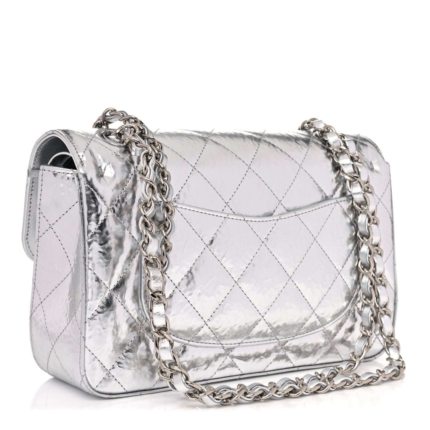 Hammered Metallic Calfskin Quilted Small Double Flap Silver