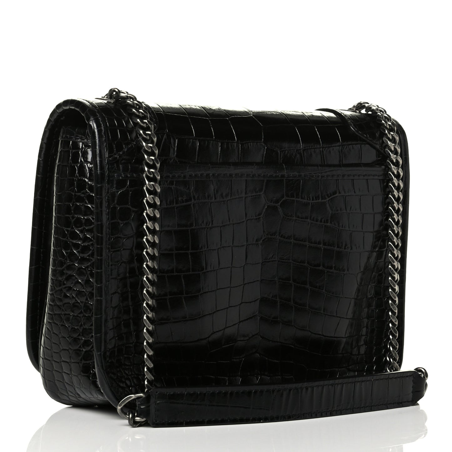 Crocodile Embossed Lambskin Matelasse Monogram Niki Chain Wallet Black