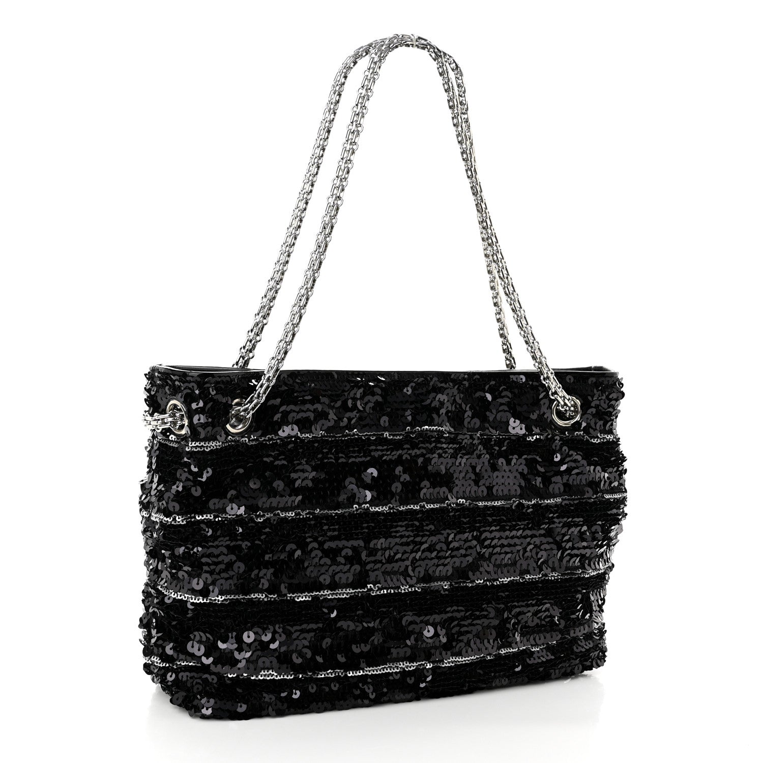Chanel Sequin Striped Mademoiselle Tote Black Silver 2 of 9