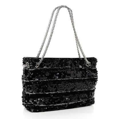Chanel Sequin Striped Mademoiselle Tote Black Silver 2 of 9
