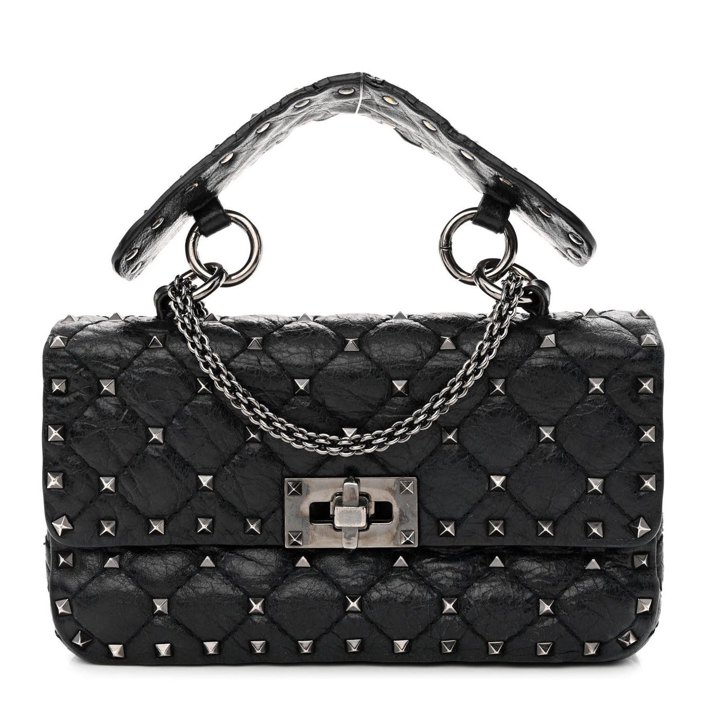 Craquele Nappa Small Rockstud Spike Shoulder Bag Black