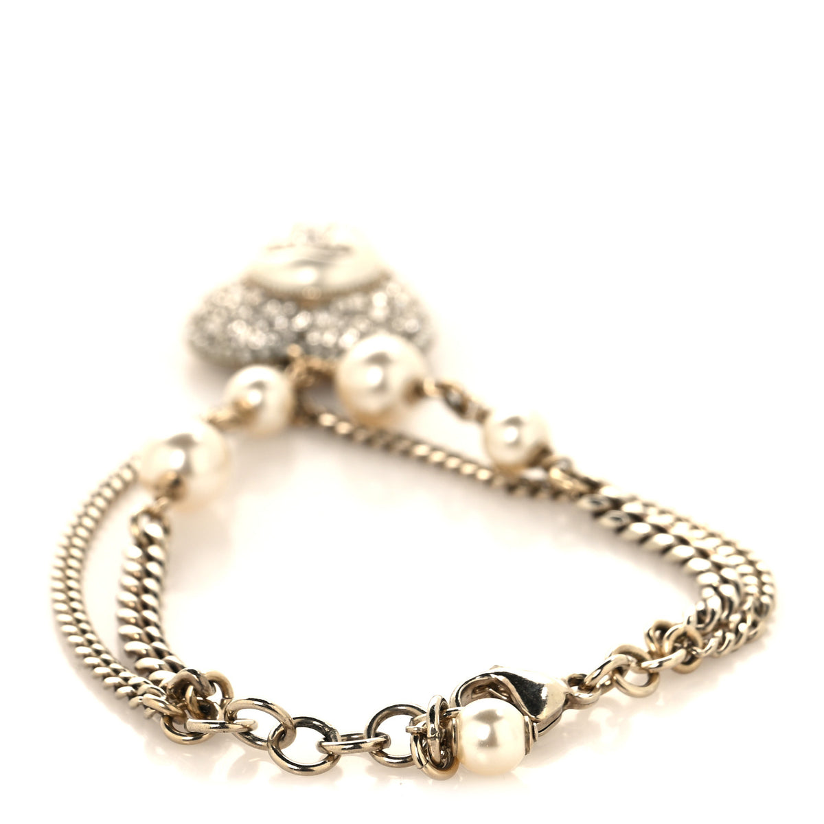 Chanel Crystal Pearl CC Heart Drop Bracelet Gold 3 of 4