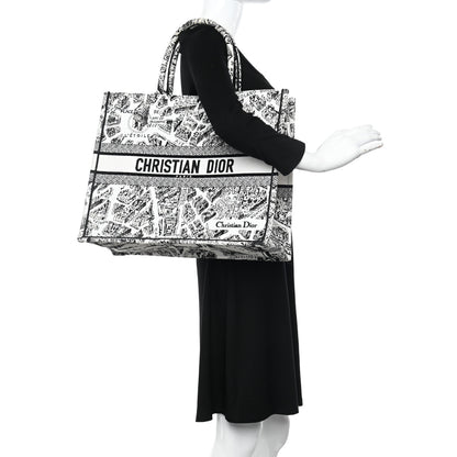 Christian Dior Canvas Embroidered Large Plan De Paris Book Tote White Black 2 of 13