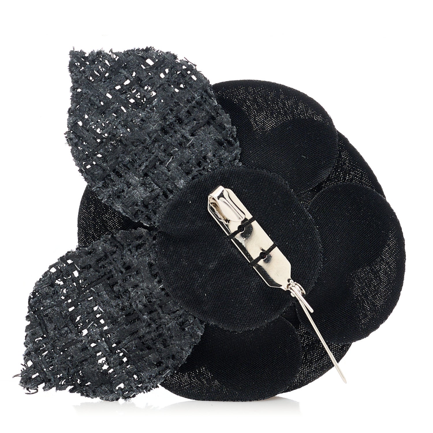 Chanel Tweed Fabric Camellia Pin Brooch Black 3 of 3
