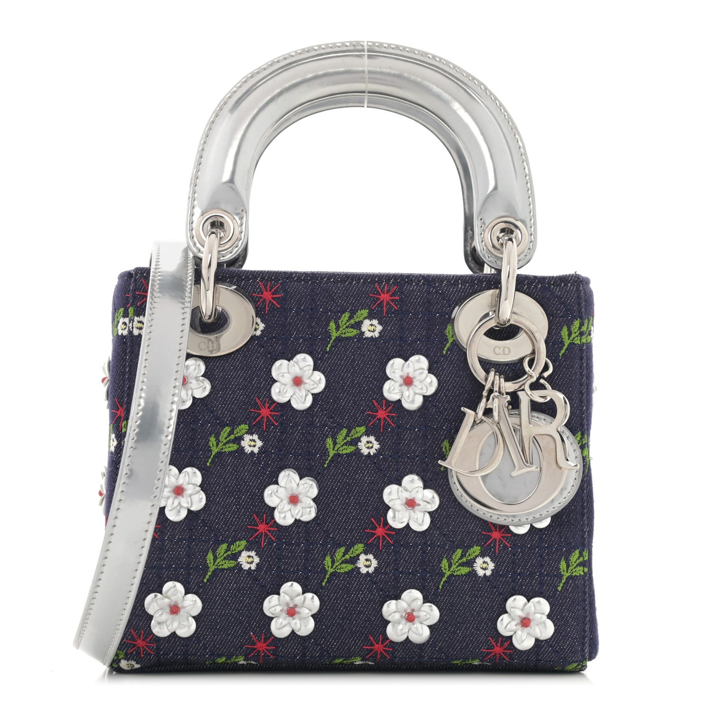 Denim Cannage Floral Embroidered Mini Lady Dior Blue