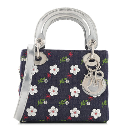 Christian Dior Denim Cannage Floral Embroidered Mini Lady Dior Blue 1 of 12