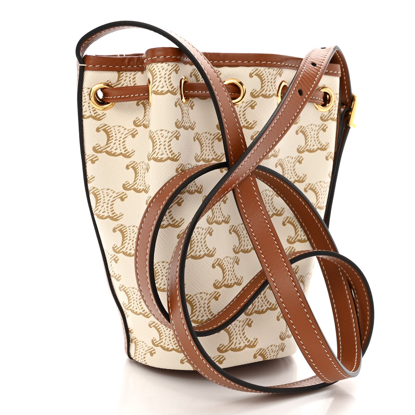 Triomphe Canvas Calfskin Micro Drawstring Bucket Bag White Tan