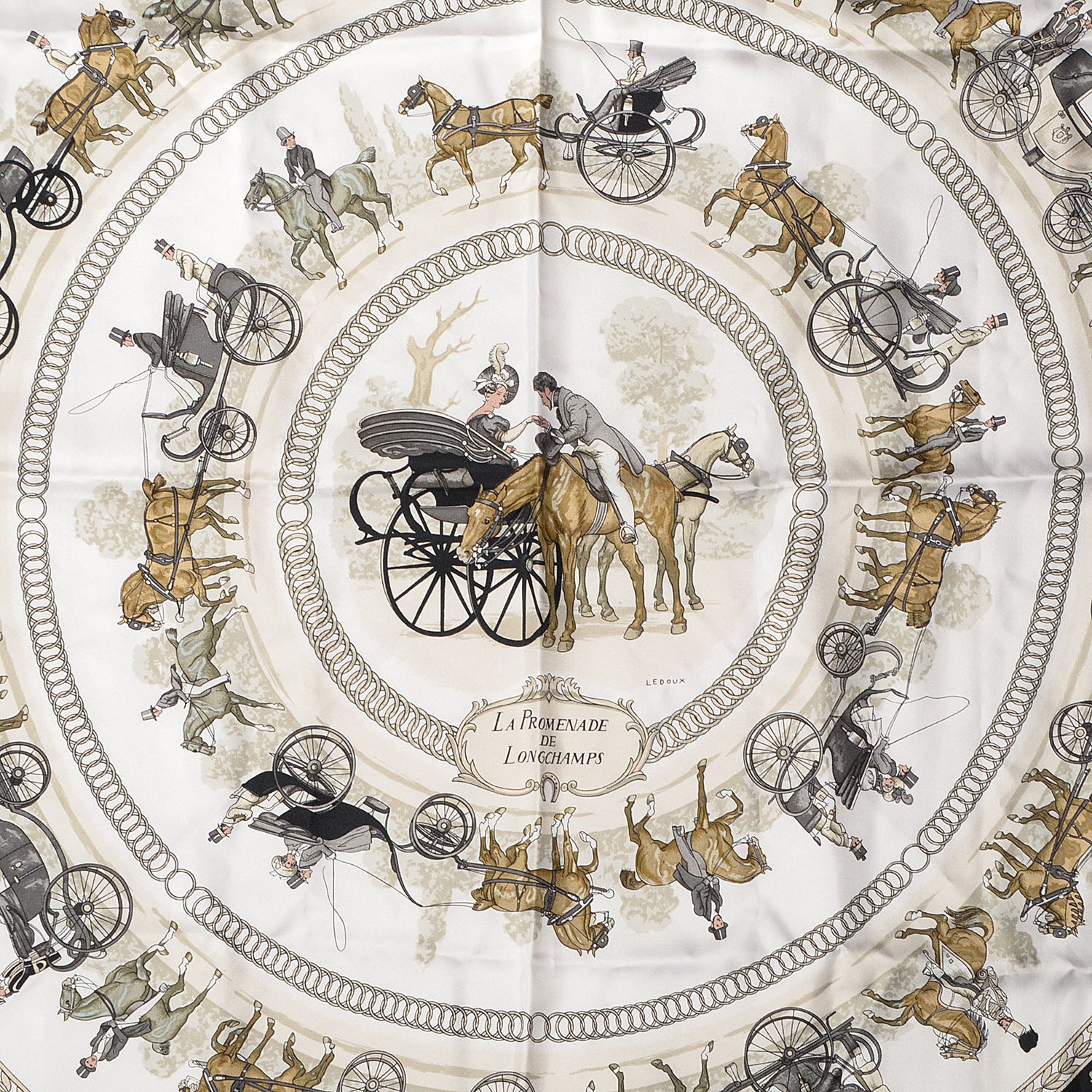 HERMÈS エルメスLA PAVILLONNE DES LONGCHAMPS Hermes Silk La Promenade de Longchamps Scarf 90 83492