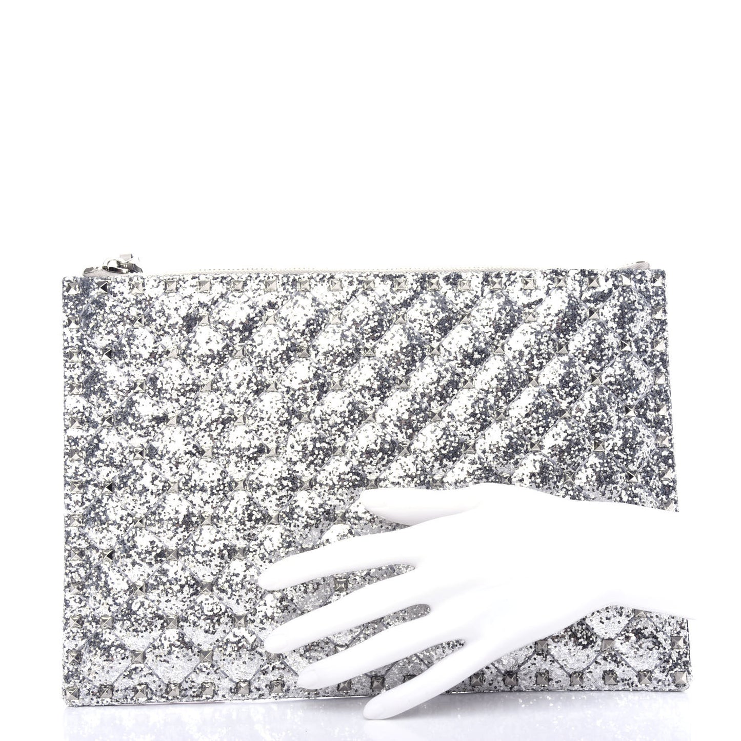 Glitter Rockstud Spike Zip Pouch Silver
