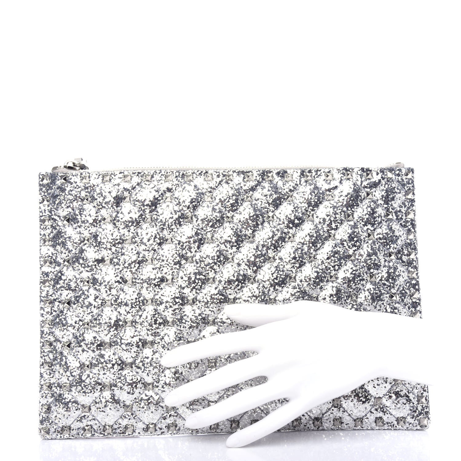 Valentino Garavani Glitter Rockstud Spike Zip Pouch Silver 2 of 6