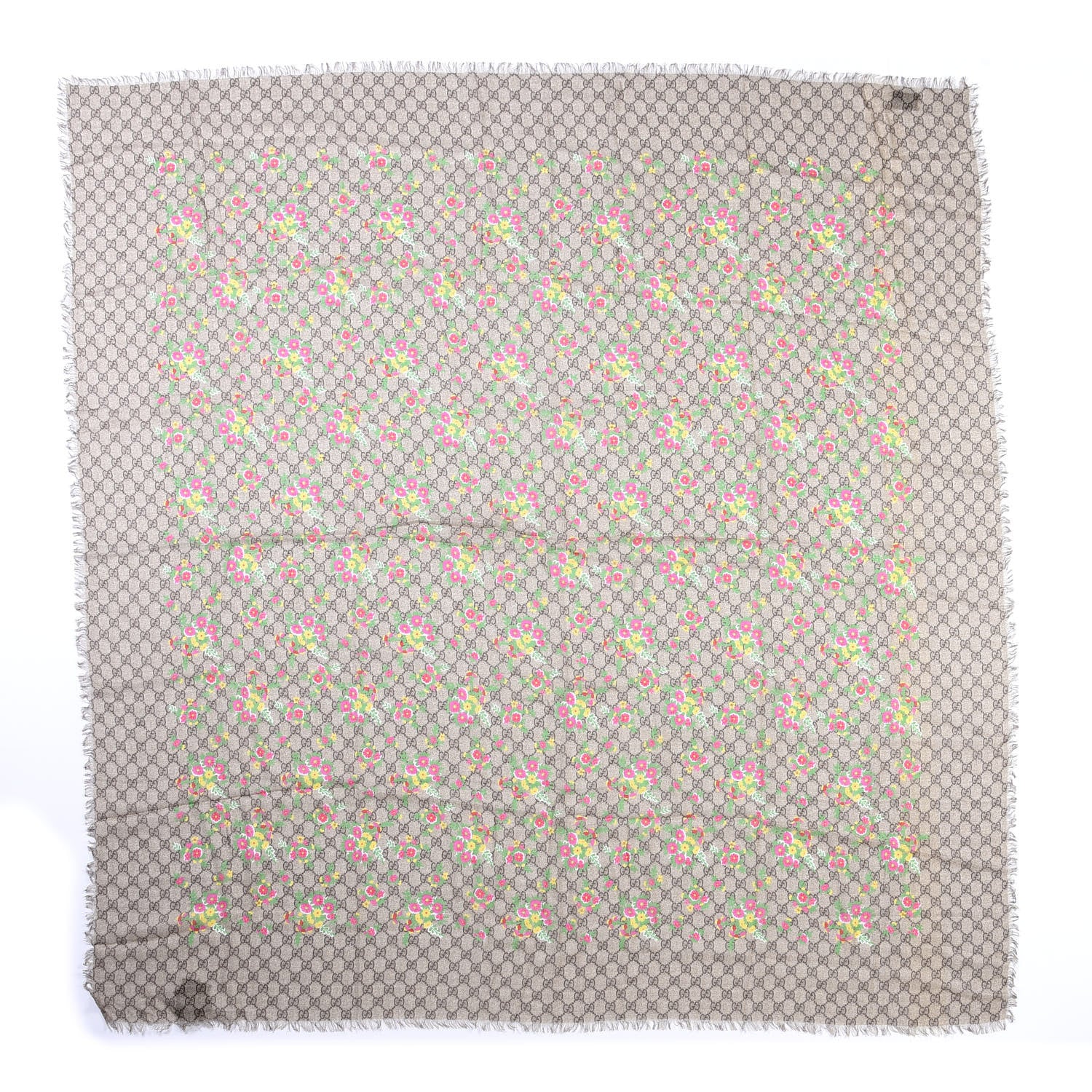 Gucci Modal Silk GG Monogram Velvet Bouquet GG Square Shawl Beige Pink 1 of 4