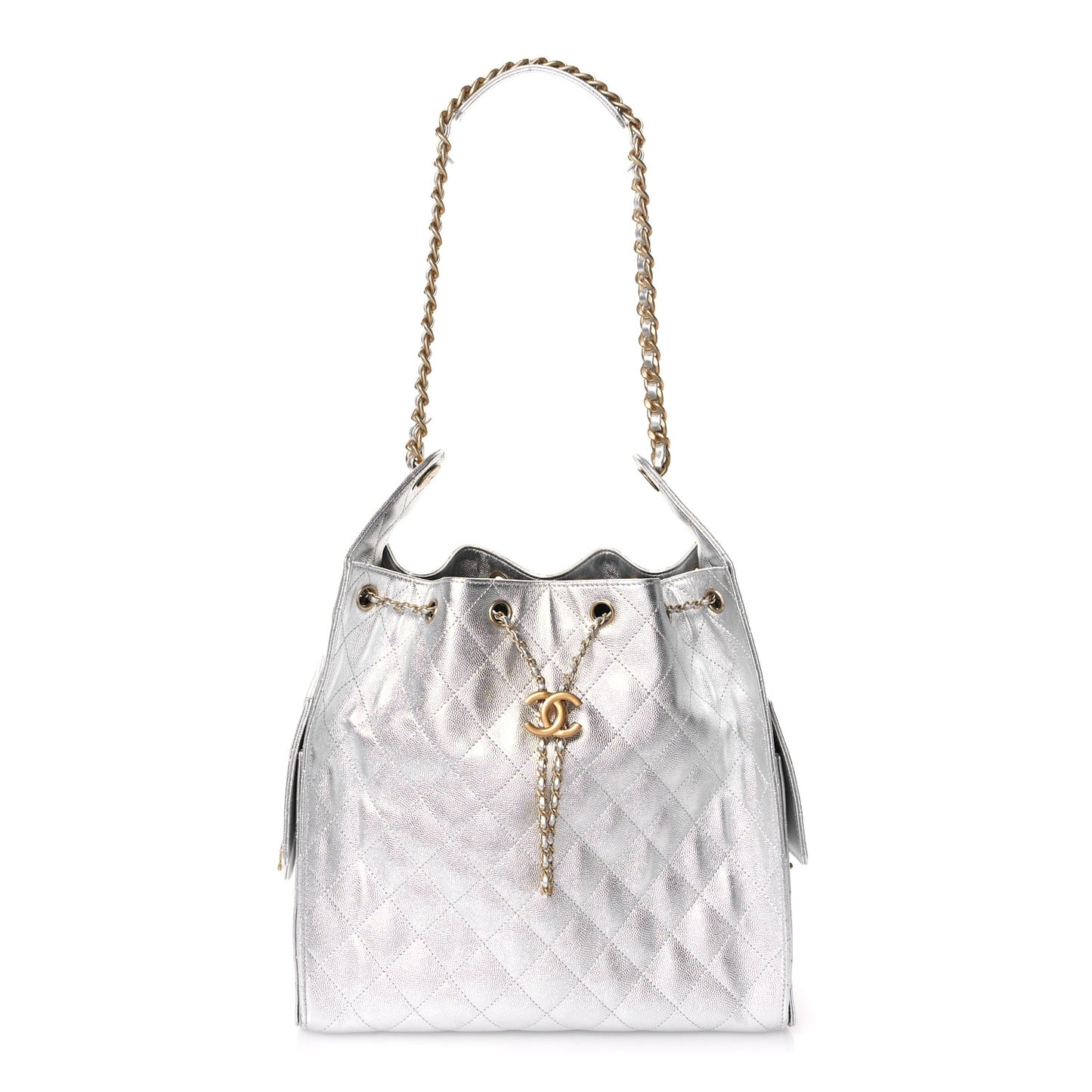 Metallic Caviar Quilted Medium Chanel 25 Handbag Silver